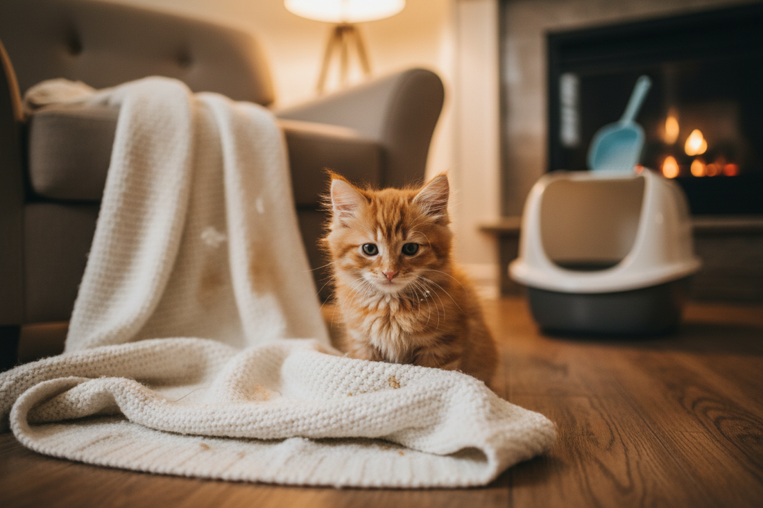 A cute kitten sitting next to a litter box in a cozy home setting
