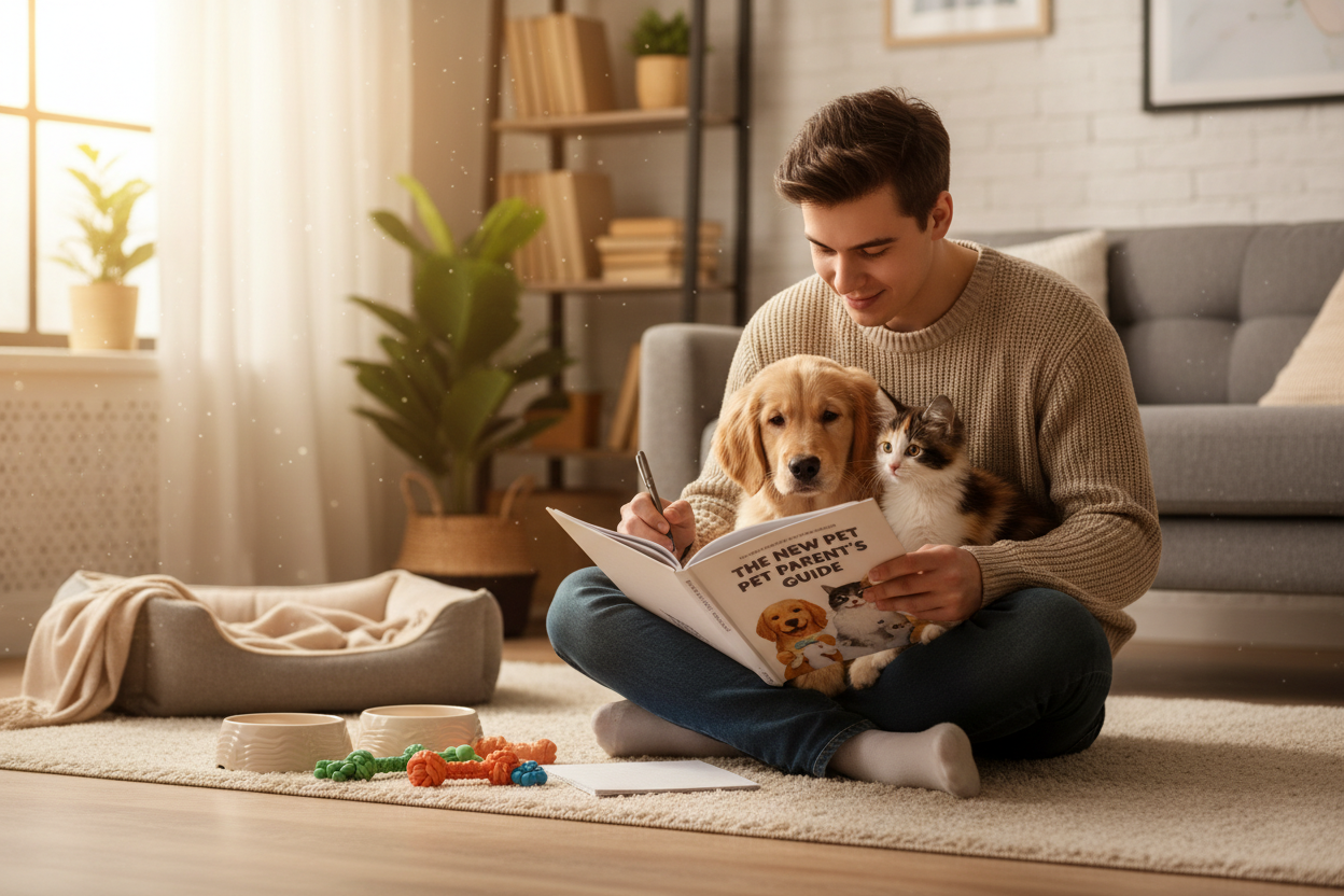 New pet owner learning proper care with puppy and kitten