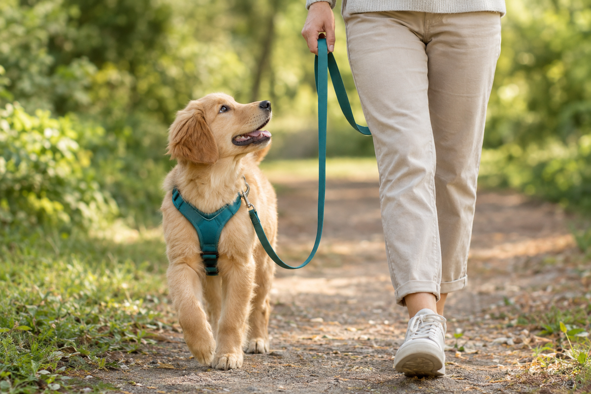 Golden retriever puppy wearing a teal harness walking beside its owner on a loose lead in a leafy park.