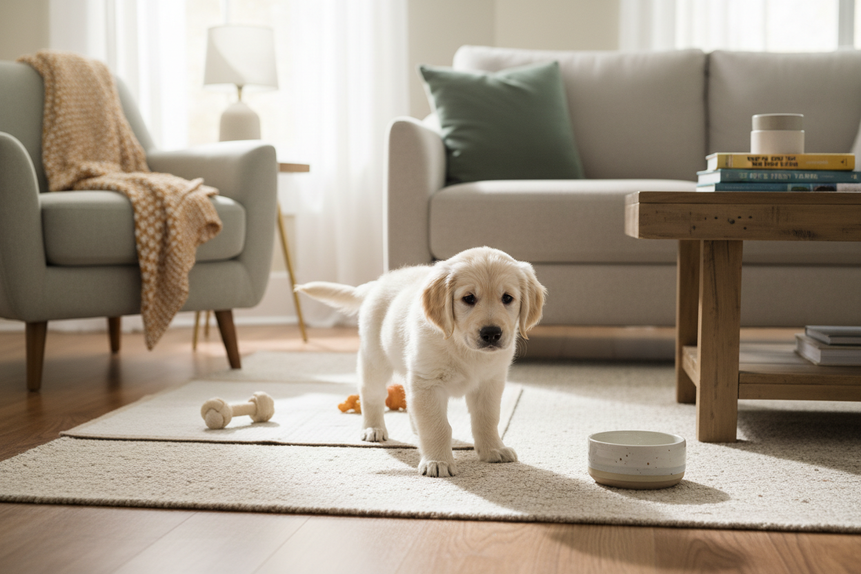 New puppy first week home guide for dog owners in USA UK Australia Canada - calm puppy training tips