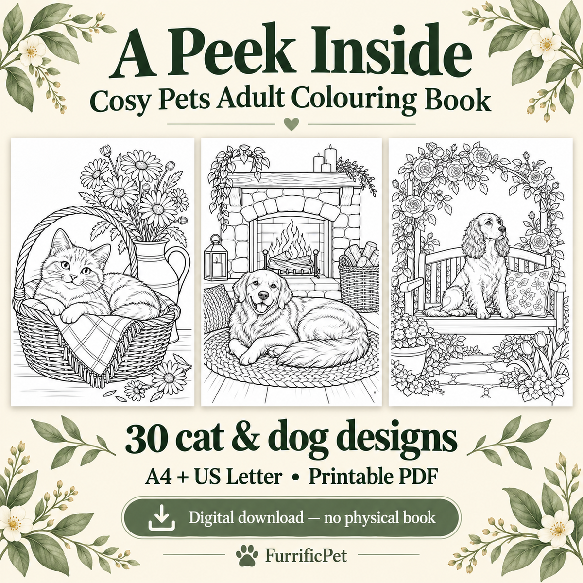 Cosy Pets: Adult Colouring Book – 30 Printable Cat & Dog Designs (PDF)