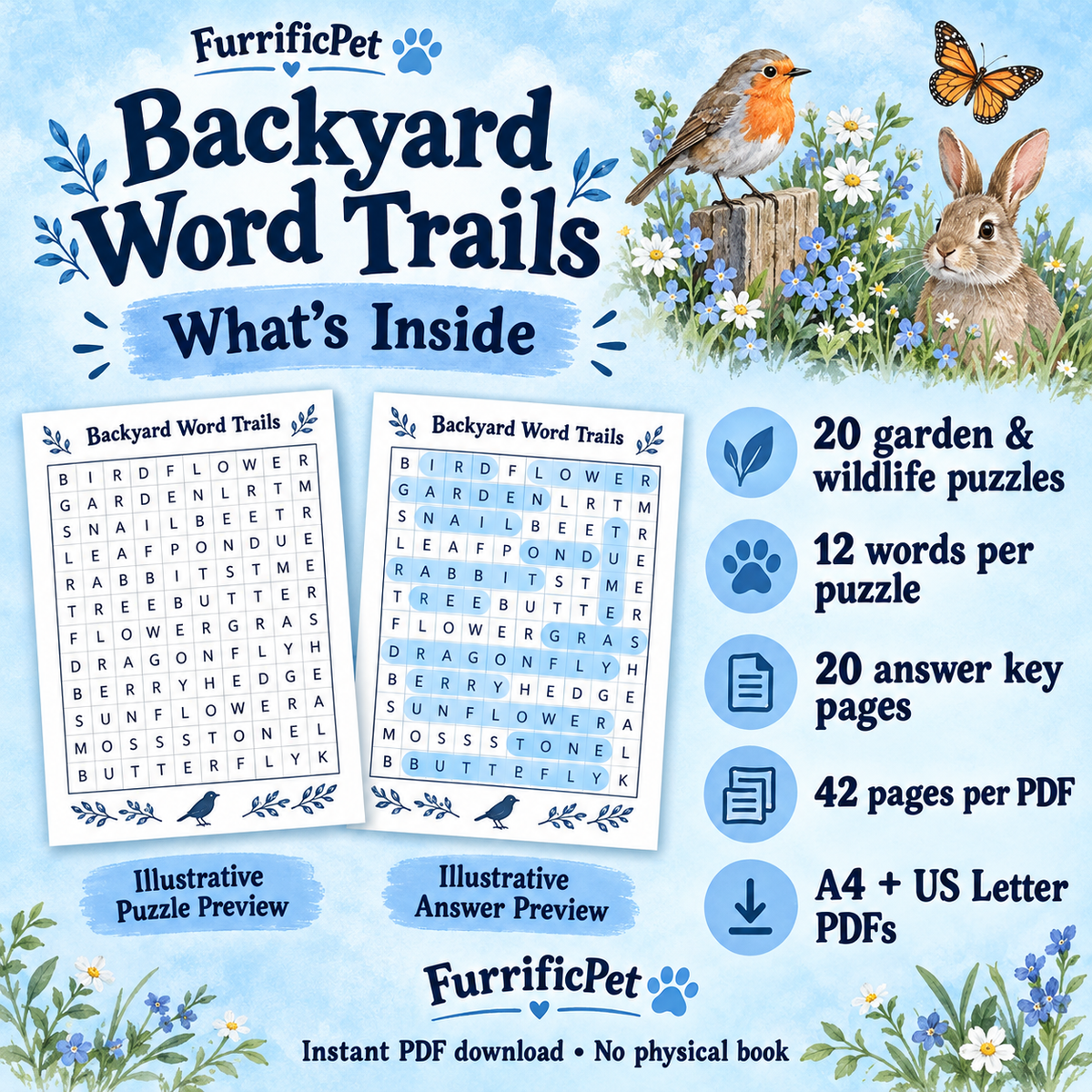 Backyard Word Trails: Garden & Wildlife Word Search for Adults | Printable PDF