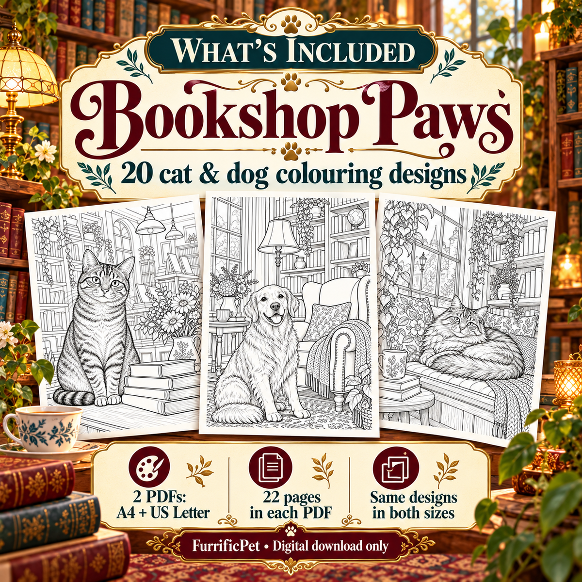 Bookshop Paws – Adult Colouring Book | 20 Cat & Dog Designs (Printable PDF)