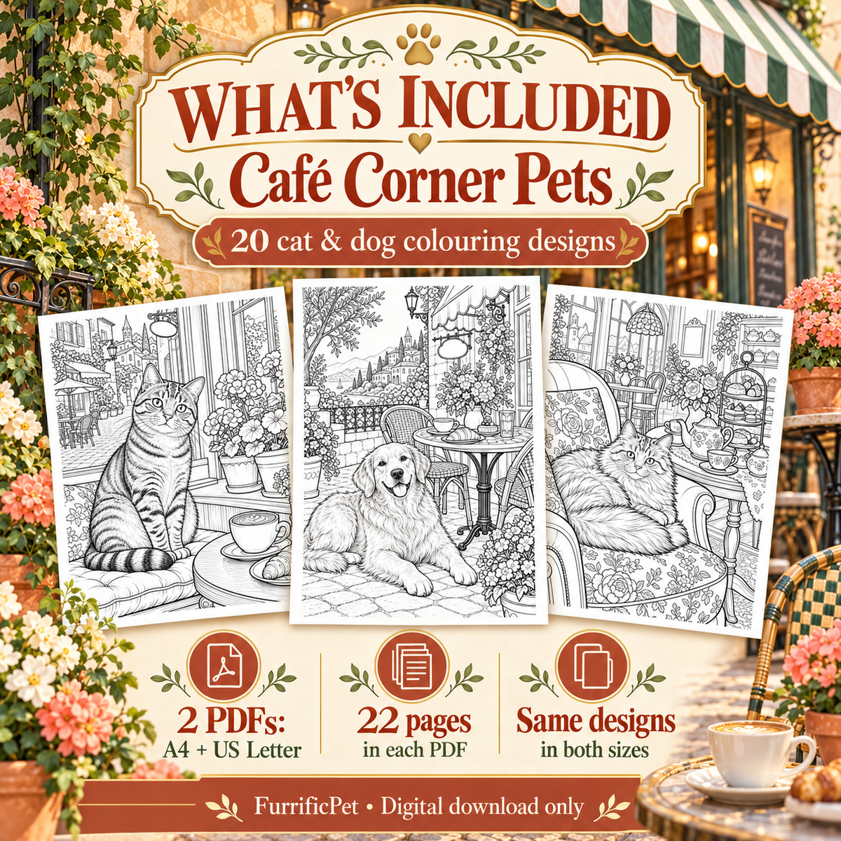 Café Corner Pets – Adult Colouring Book | 20 Cat & Dog Designs (Printable PDF)