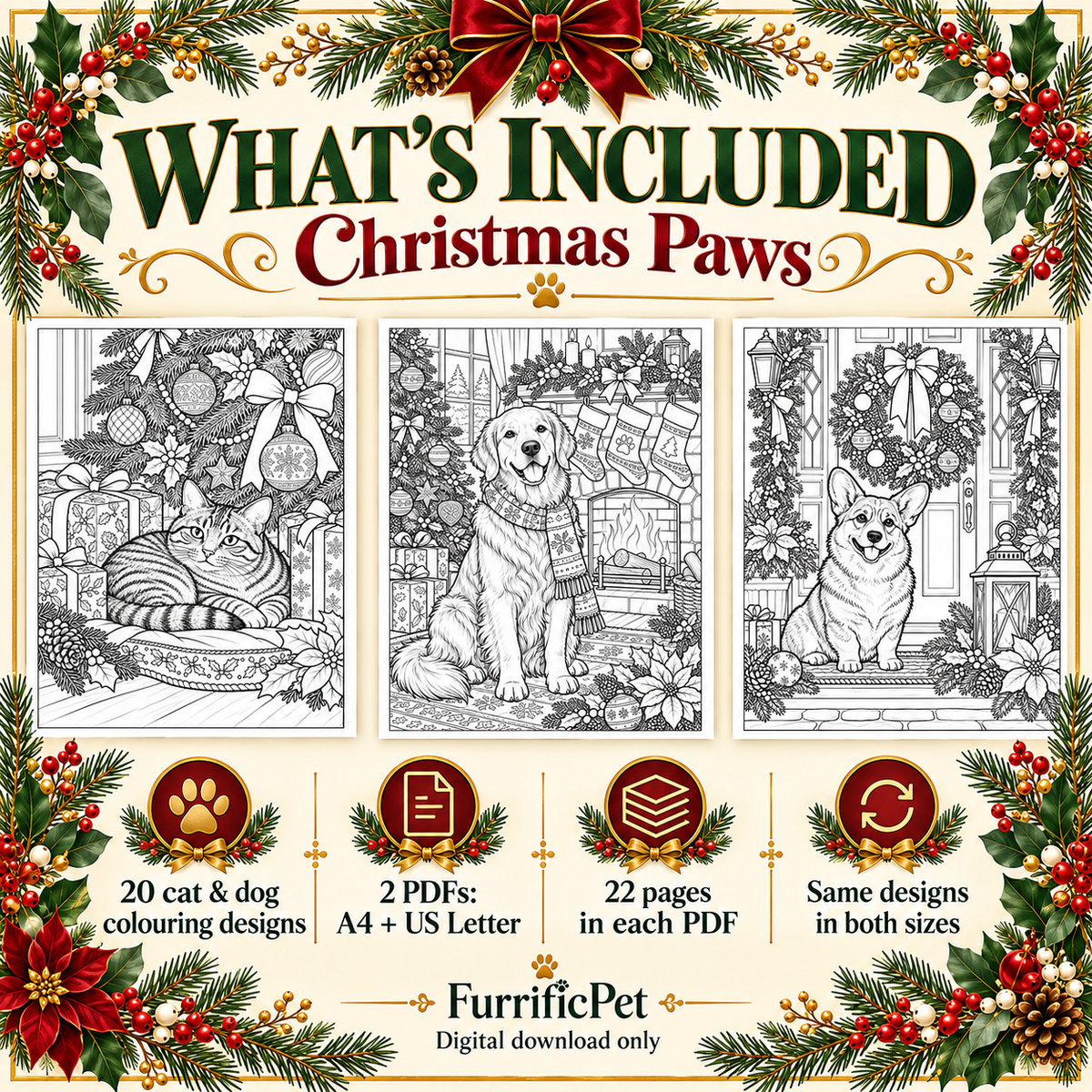 Christmas Paws – Cat & Dog Christmas Colouring Book (Printable PDF)