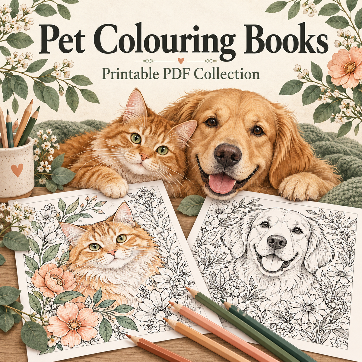 Cosy Pets: Adult Colouring Book – 30 Printable Cat & Dog Designs (PDF)