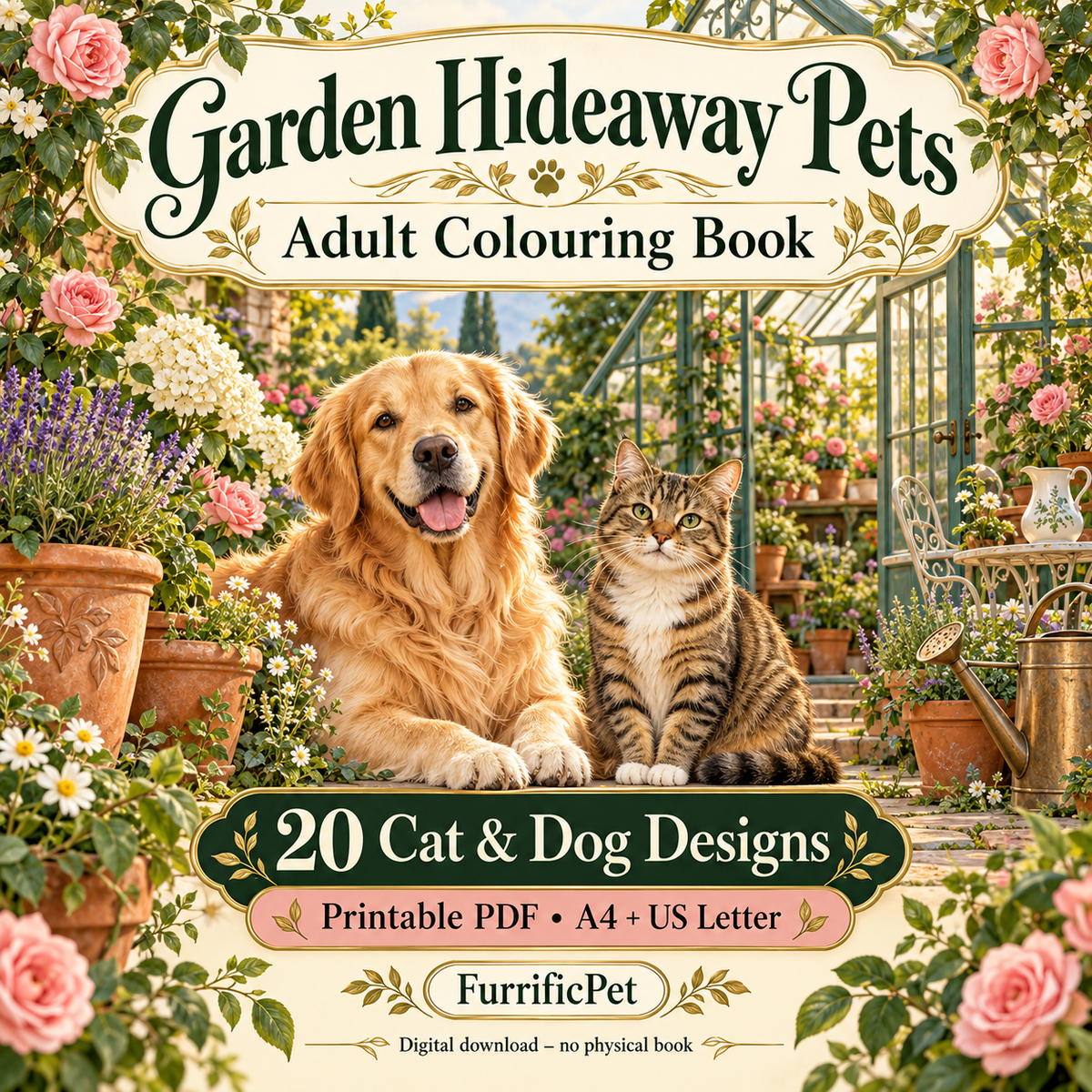 Garden Hideaway Pets – Adult Colouring Book | 20 Cat & Dog Designs (Printable PDF)