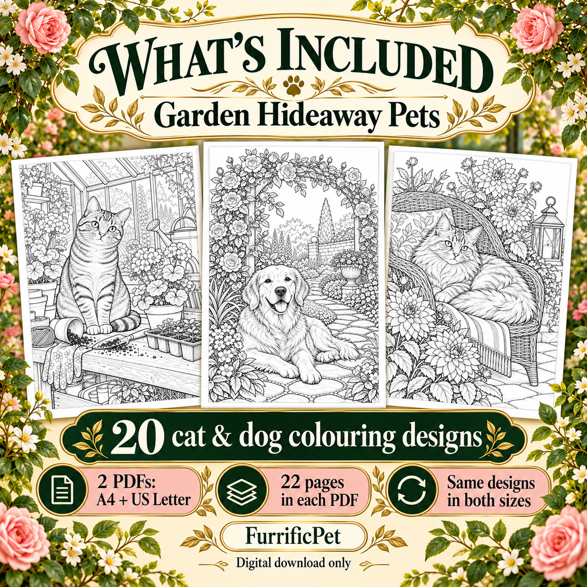 Garden Hideaway Pets – Adult Colouring Book | 20 Cat & Dog Designs (Printable PDF)