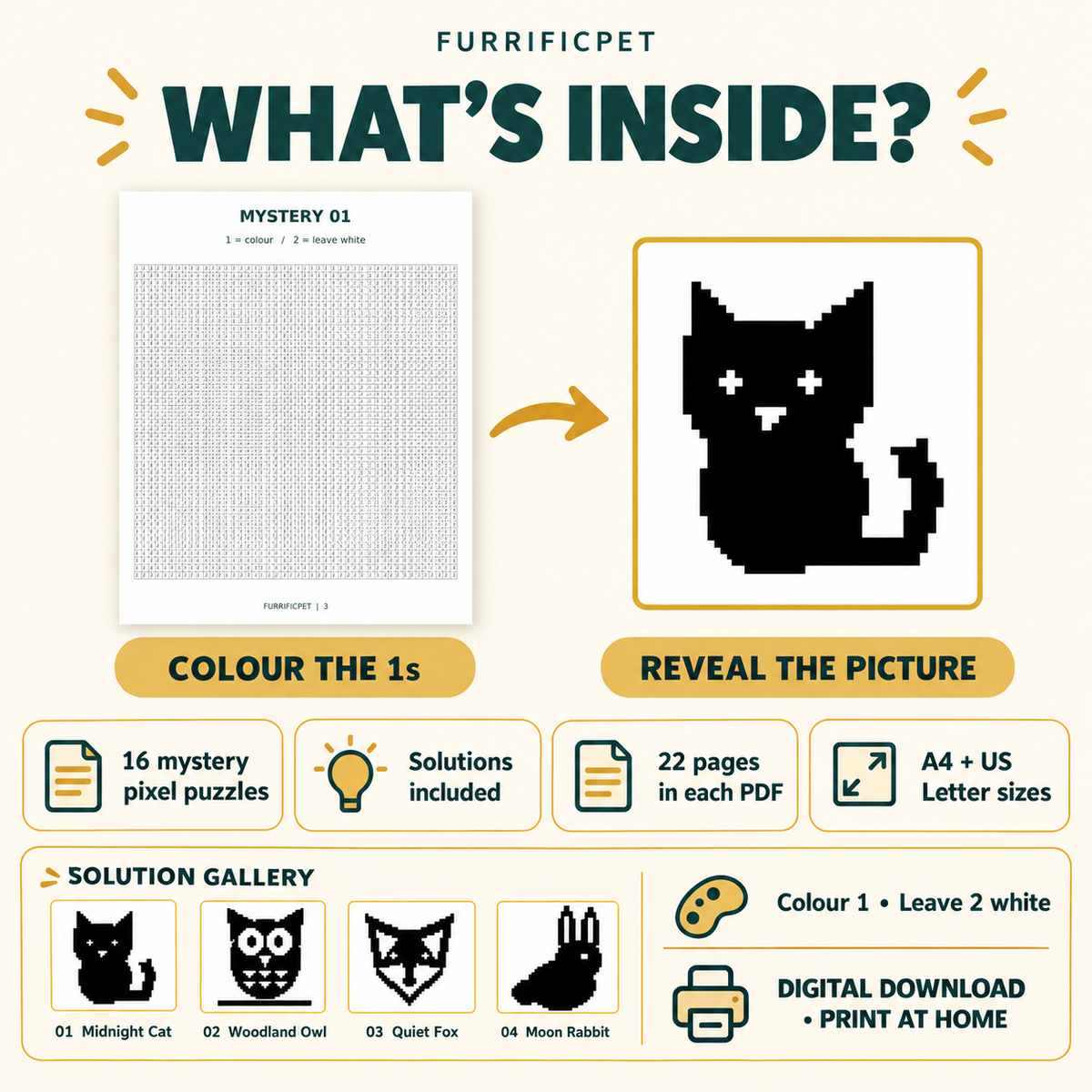 Pet Mystery Reveals: Monochrome Colour by Number for Adults – Printable PDF