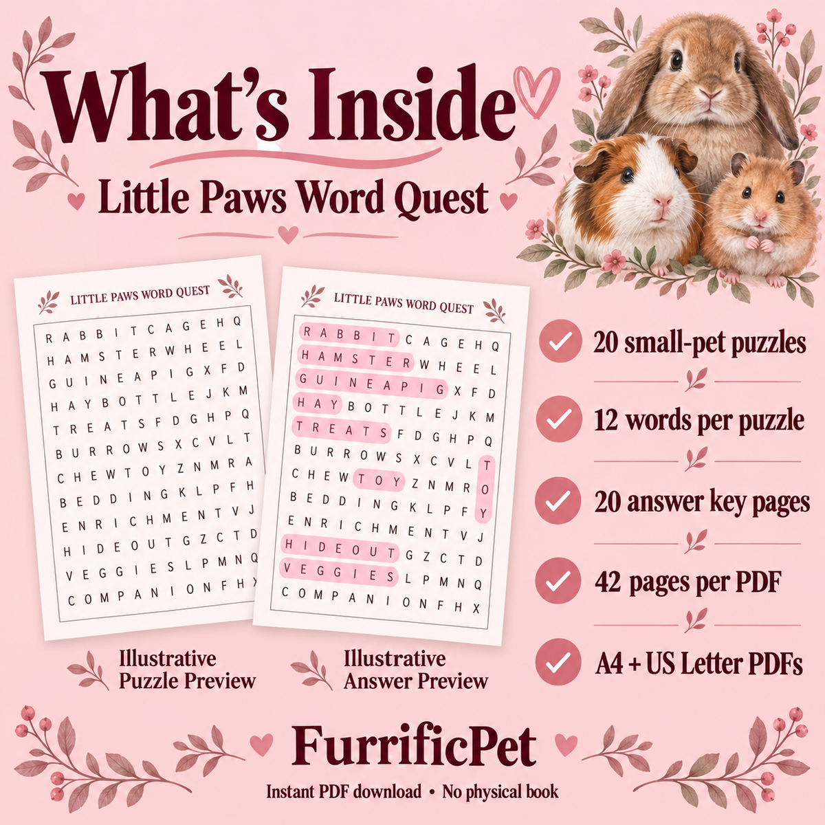 Little Paws Word Quest: Small Pet Lovers’ Word Search for Adults | Printable PDF