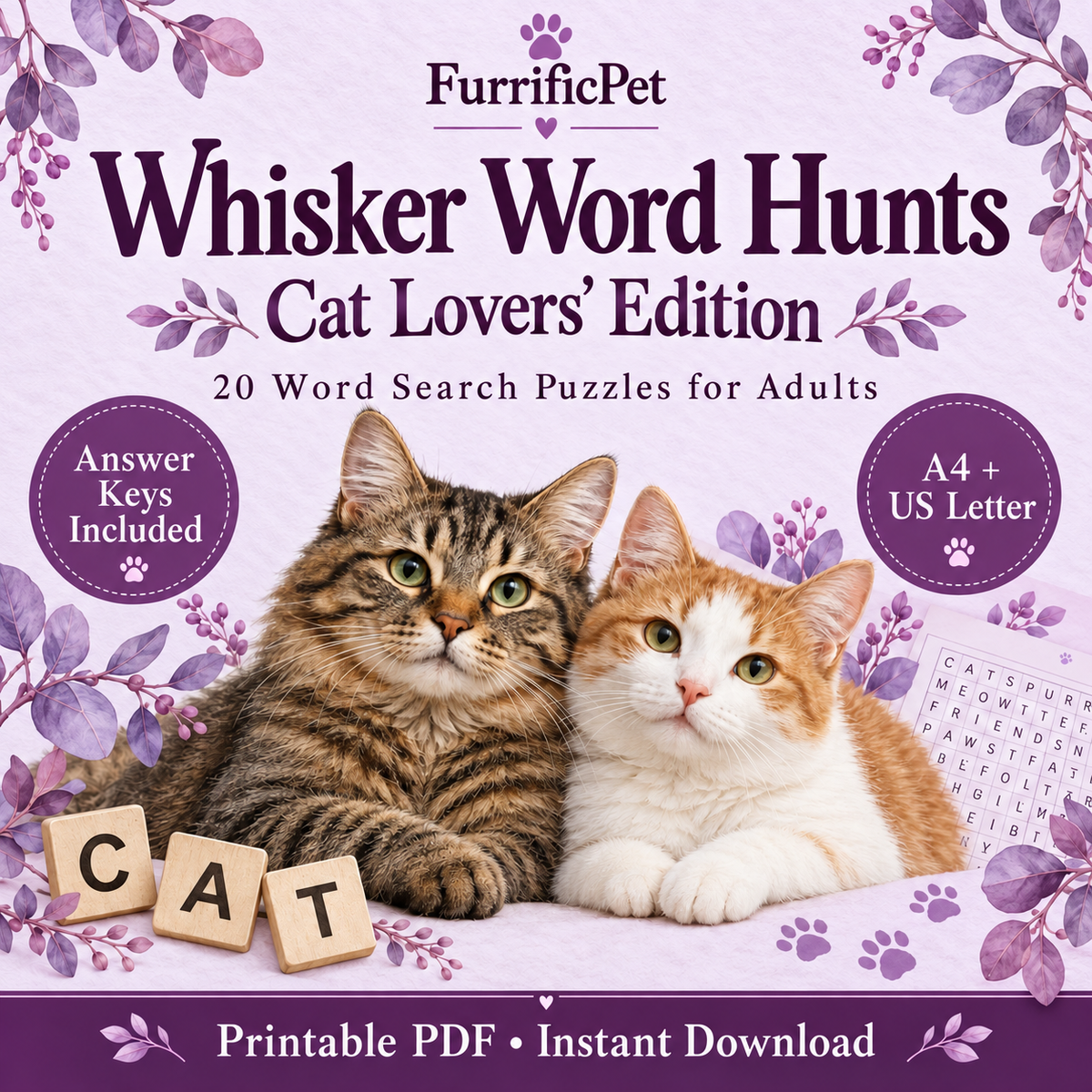 Whisker Word Hunts: Cat Lovers’ Word Search for Adults | Printable PDF