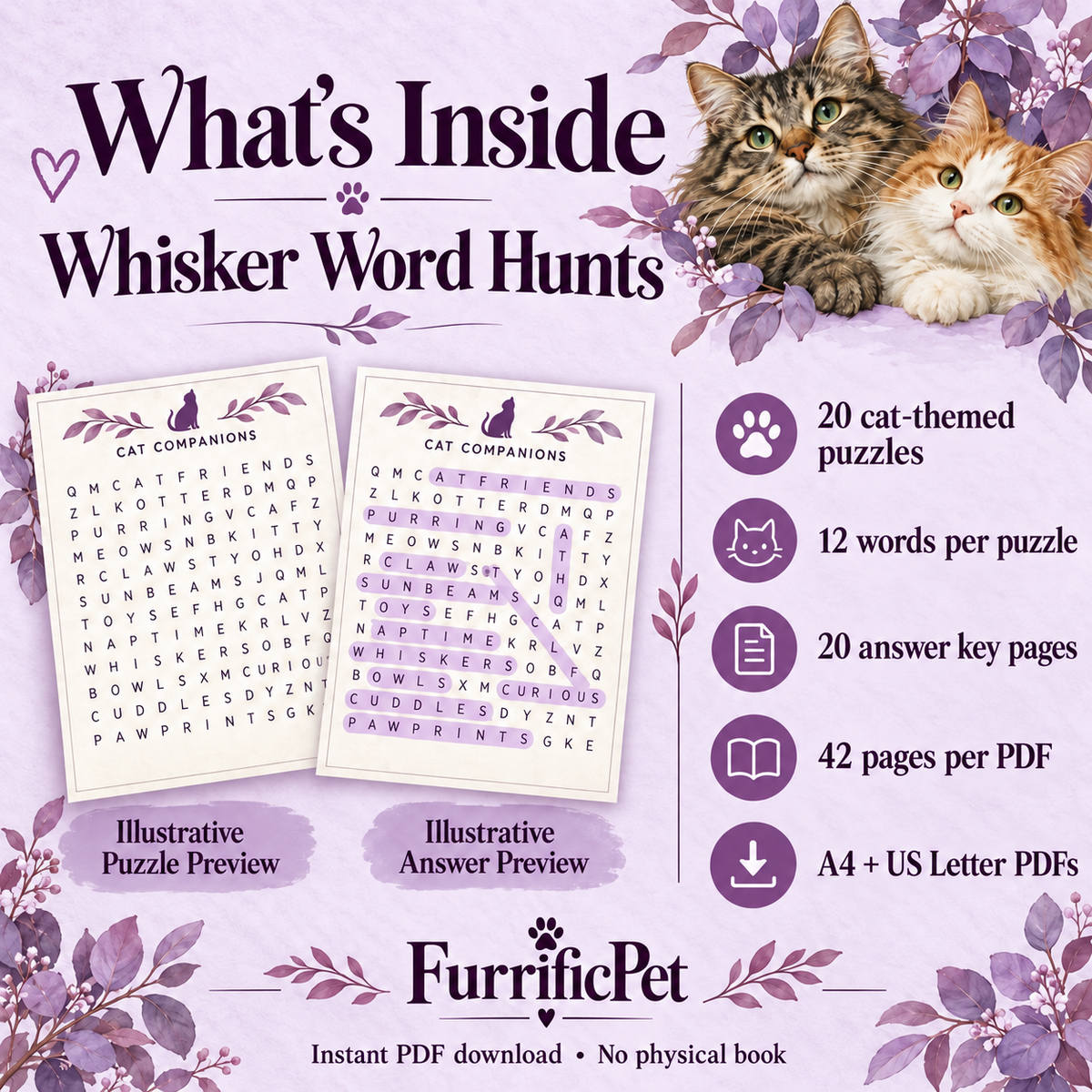 Whisker Word Hunts: Cat Lovers’ Word Search for Adults | Printable PDF