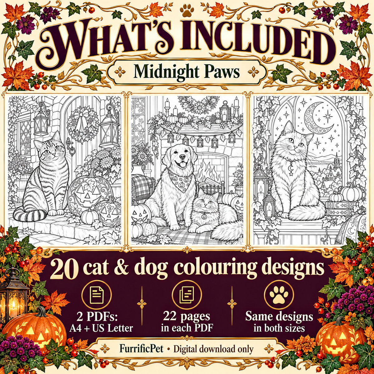 Midnight Paws – Adult Halloween Colouring Book | 20 Cat & Dog Designs (Printable PDF)
