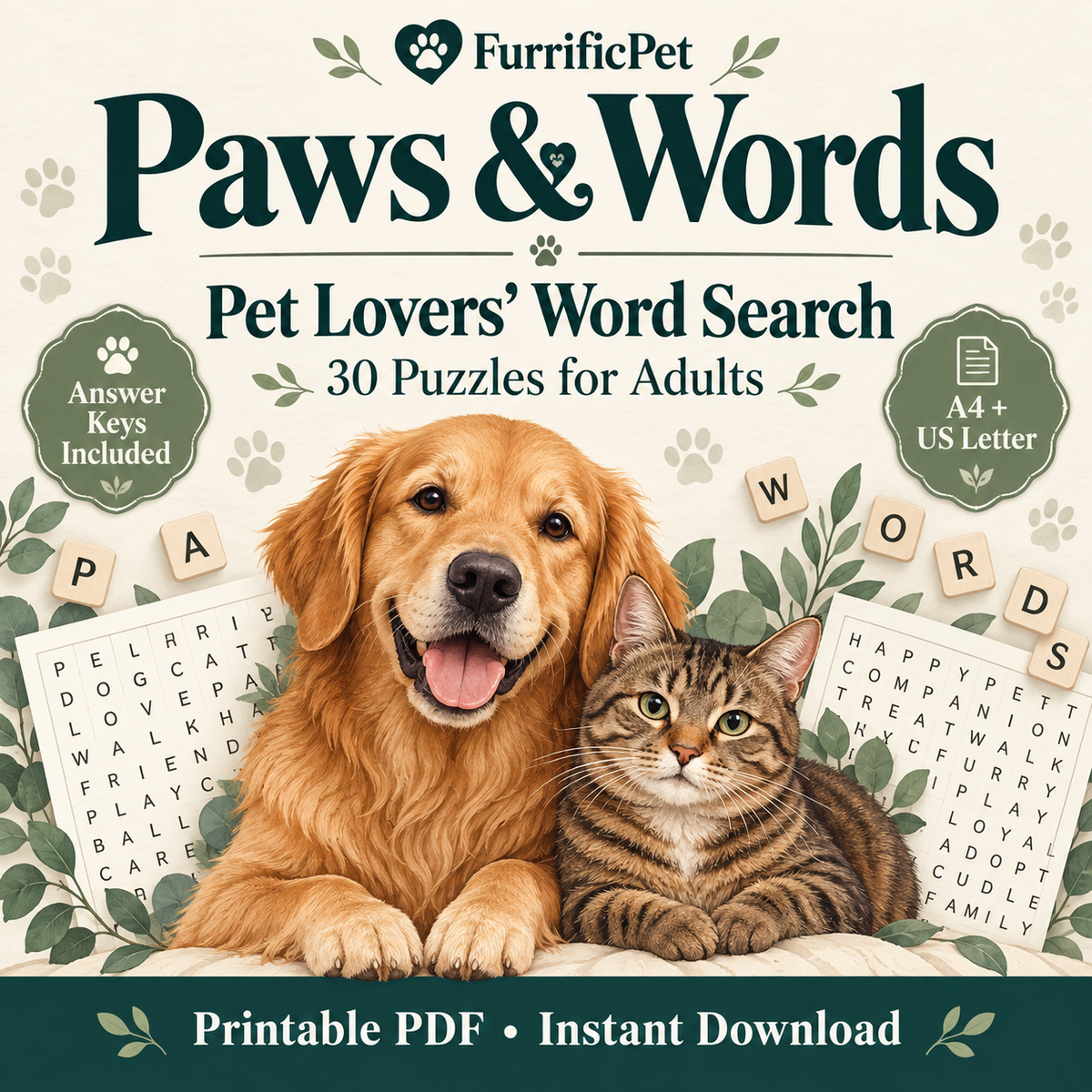 Paws & Words: Pet Lovers’ Word Search for Adults | Printable PDF