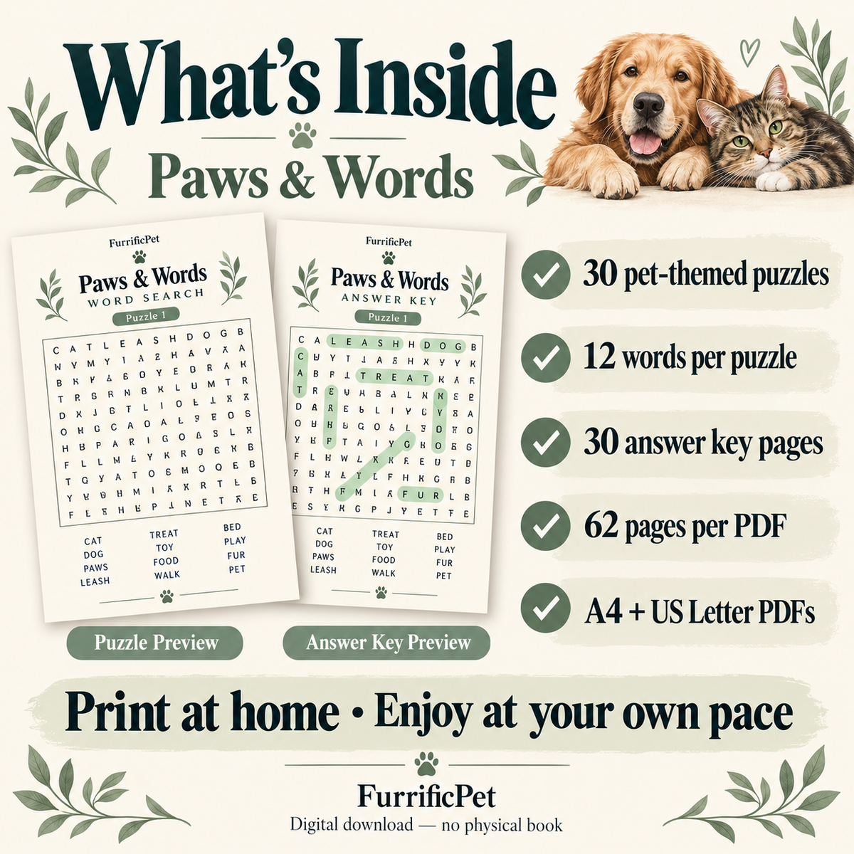 Paws & Words: Pet Lovers’ Word Search for Adults | Printable PDF