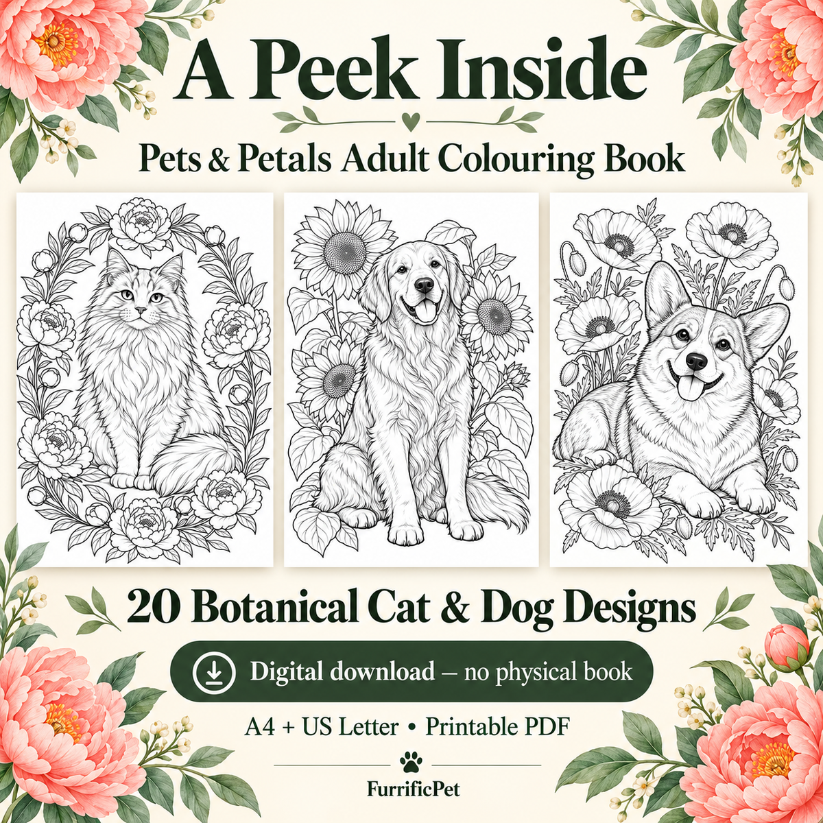 Pets & Petals: Adult Colouring Book – 20 Printable Cat & Dog Designs (PDF)