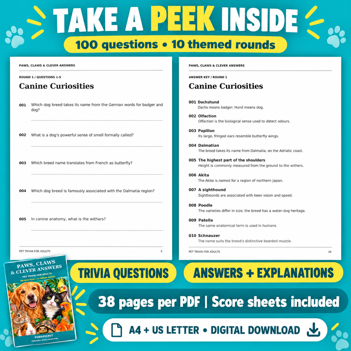 Pet Trivia for Adults – 100 Questions Printable PDF | Paws, Claws & Clever Answers