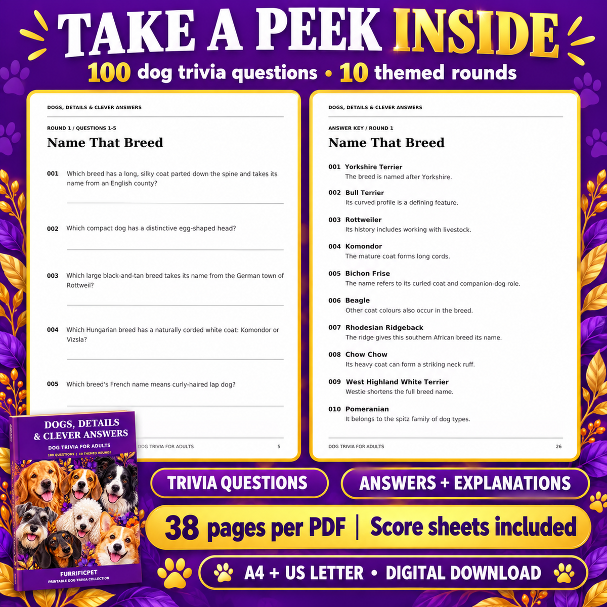 Dog Trivia for Adults – 100 Questions Printable PDF | Dogs, Details & Clever Answers