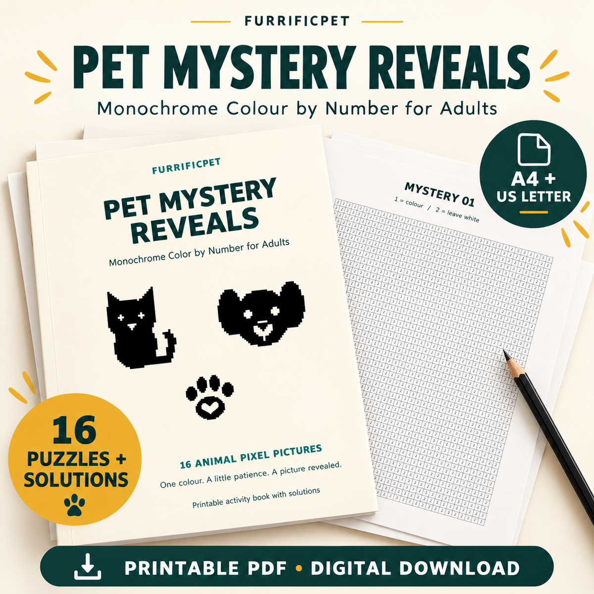 Pet Mystery Reveals: Monochrome Colour by Number for Adults – Printable PDF