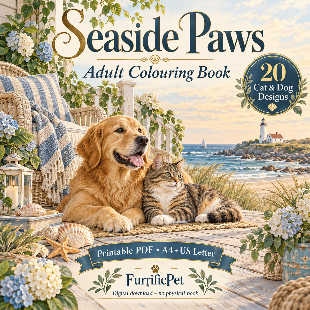 Seaside Paws – Adult Colouring Book | 20 Cat & Dog Designs (Printable PDF)