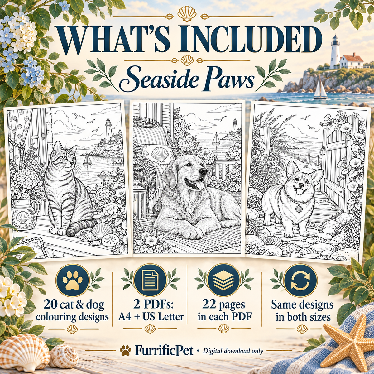 Seaside Paws – Adult Colouring Book | 20 Cat & Dog Designs (Printable PDF)