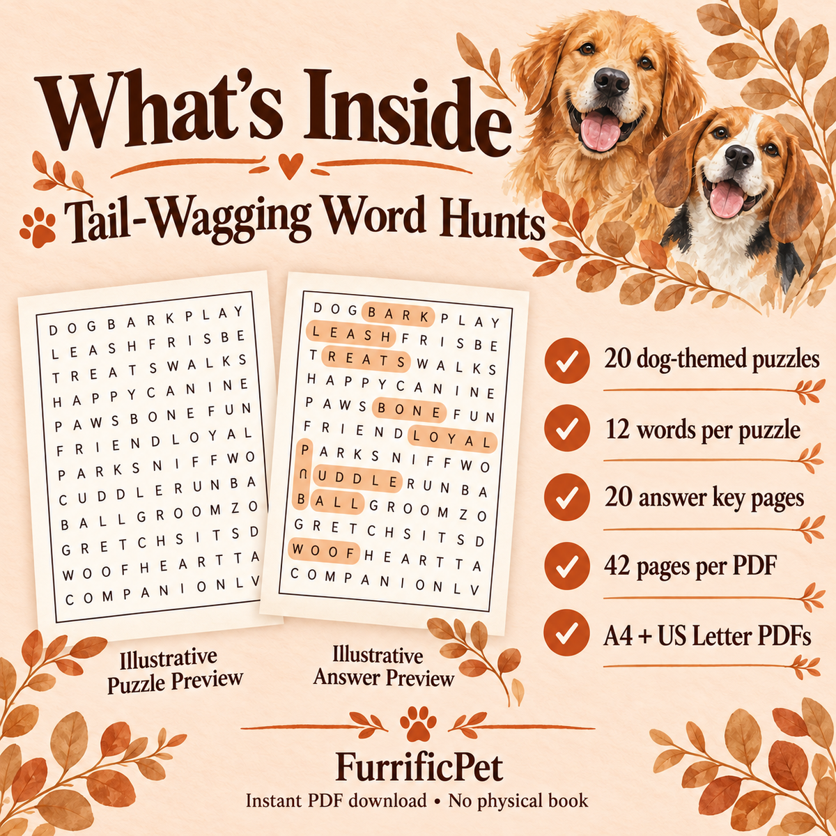 Tail-Wagging Word Hunts: Dog Lovers’ Word Search for Adults | Printable PDF