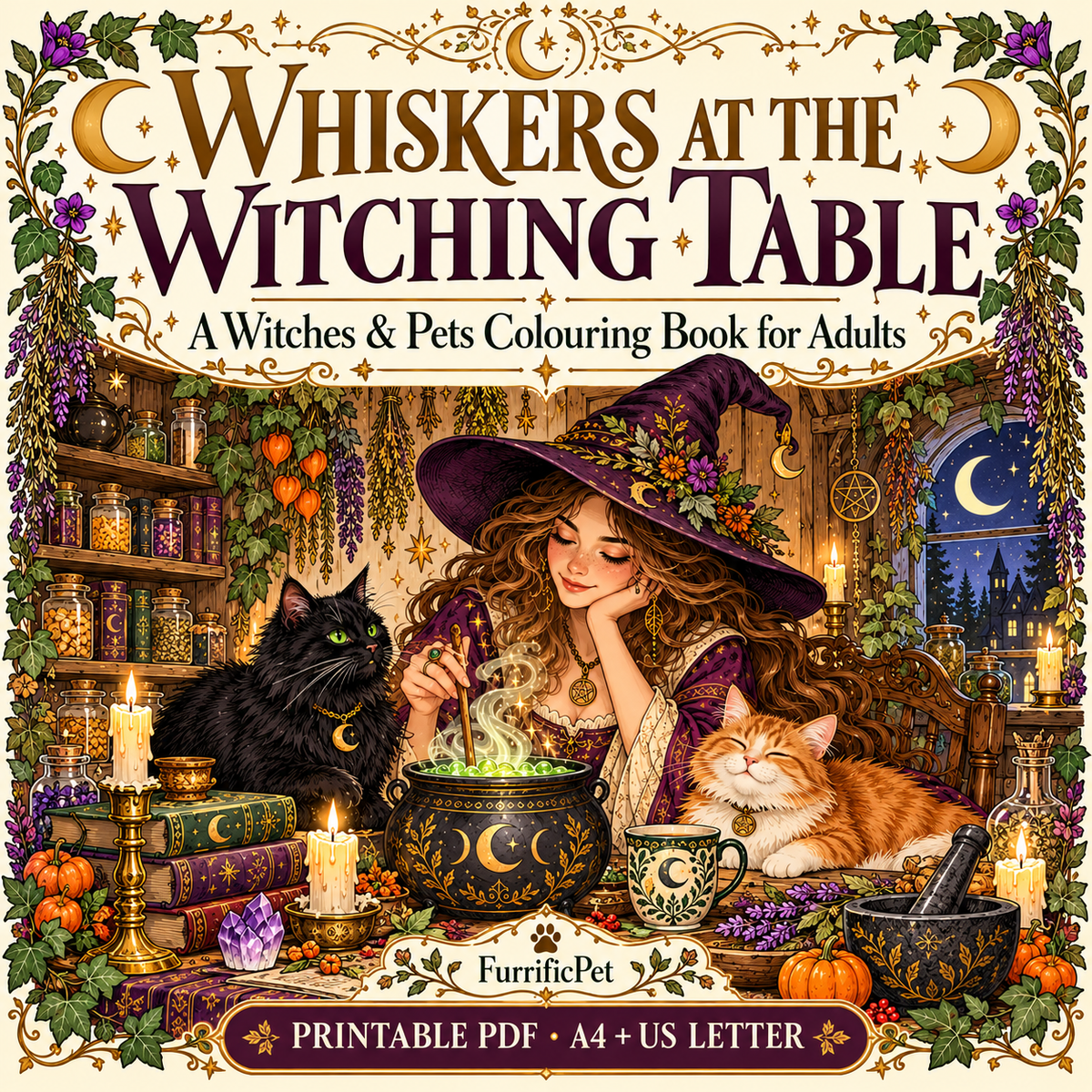 Whiskers at the Witching Table – Witches & Pets Colouring Book for Adults (Printable PDF)