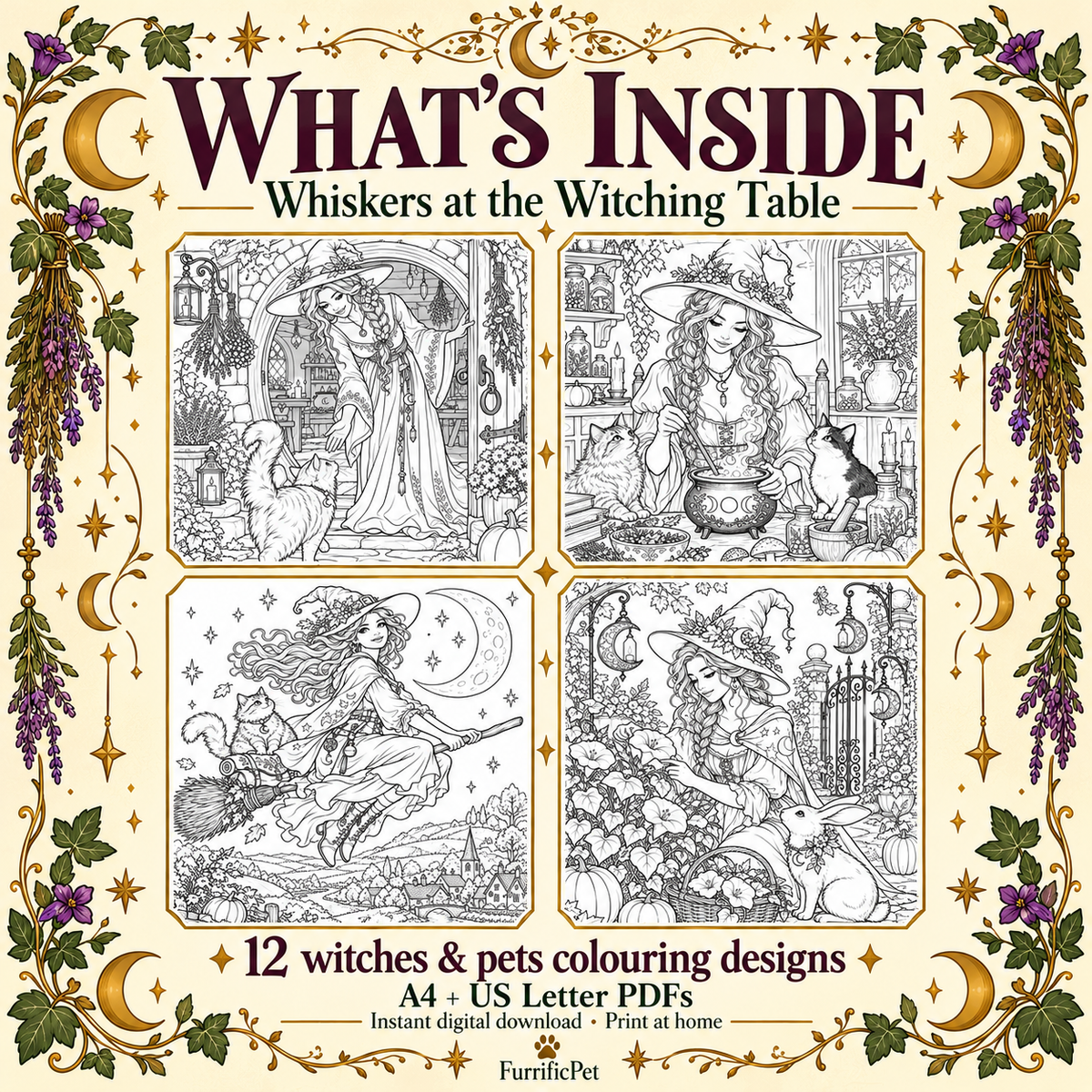 Whiskers at the Witching Table – Witches & Pets Colouring Book for Adults (Printable PDF)