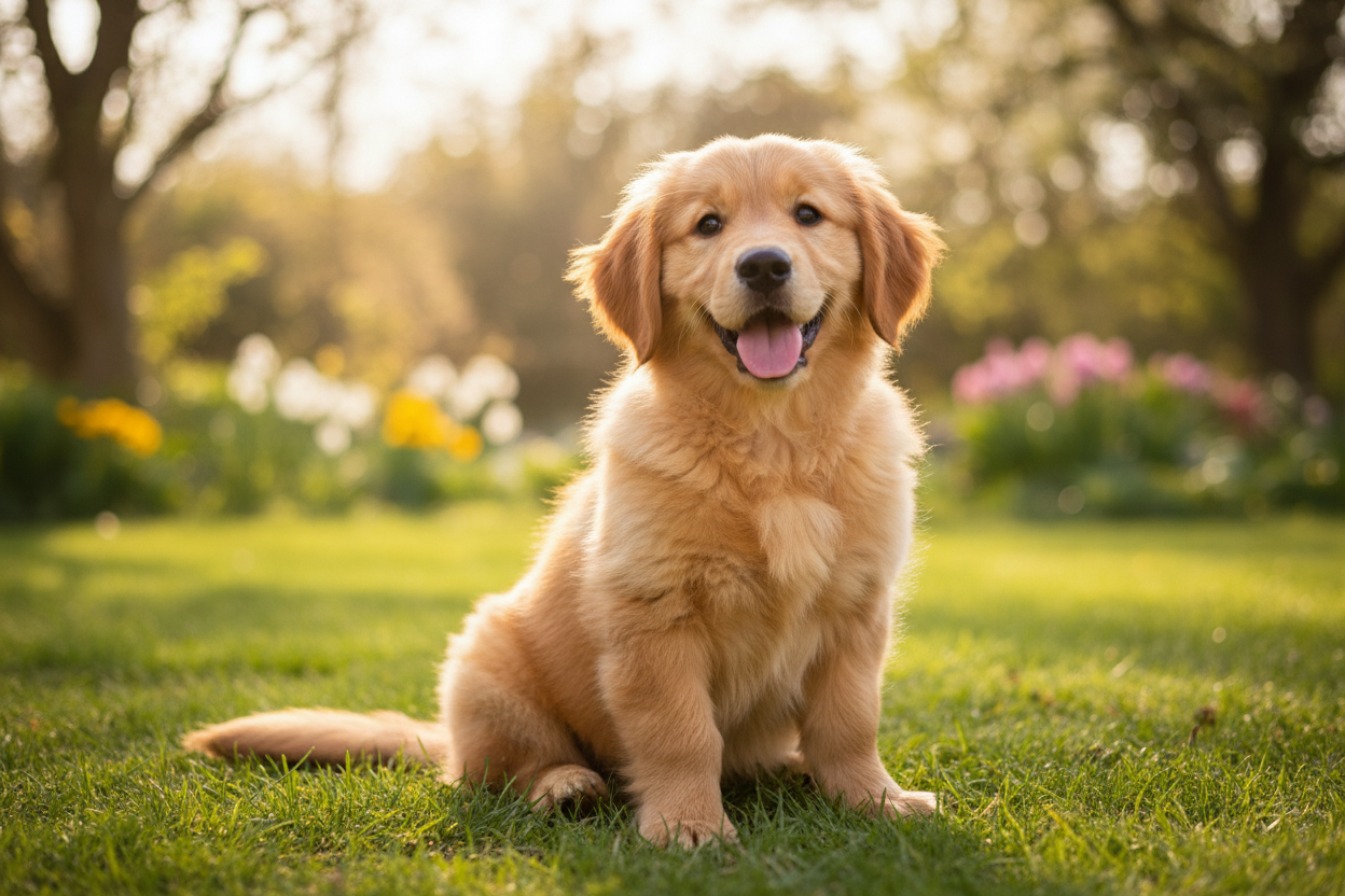 Cute puppy sitting down and smiling