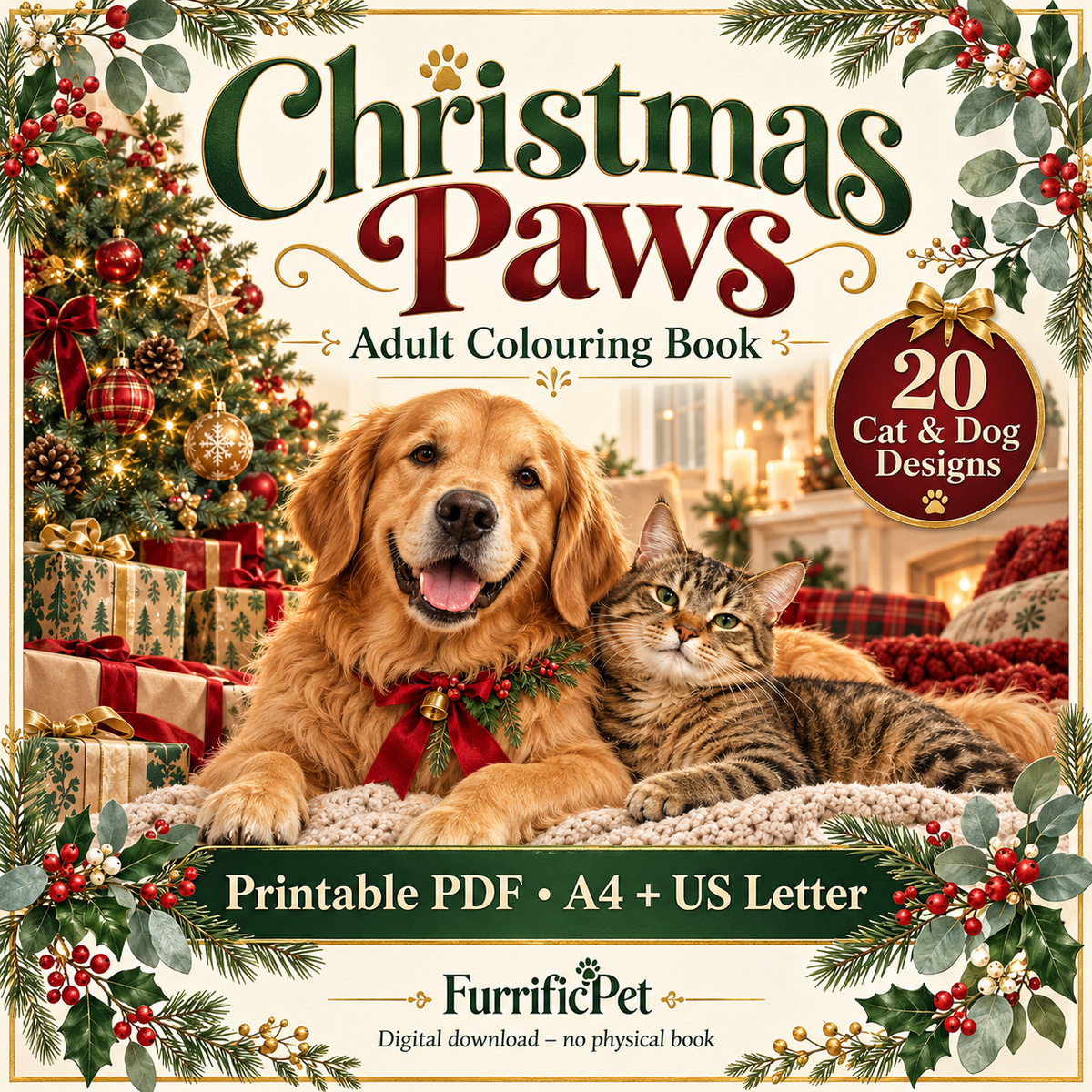 Christmas Paws – Cat & Dog Christmas Colouring Book (Printable PDF)
