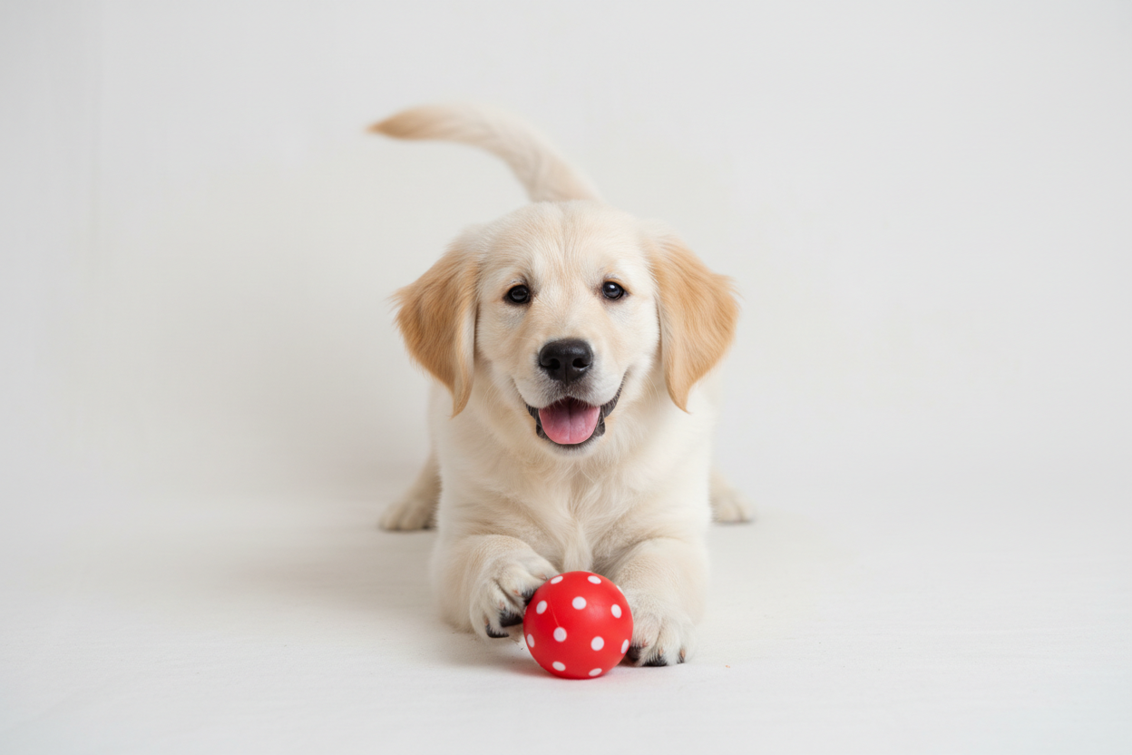 playful-puppy-playing-its-small-ball-in-front-of-him-the-puppy-is-facing-front-head-in-the-front-and-the-ball-then-tail-at-the-back-in-off-white-background